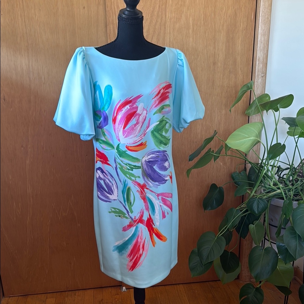 Jessica Howard Aqua Shift Dress with Painterly Floral Print
